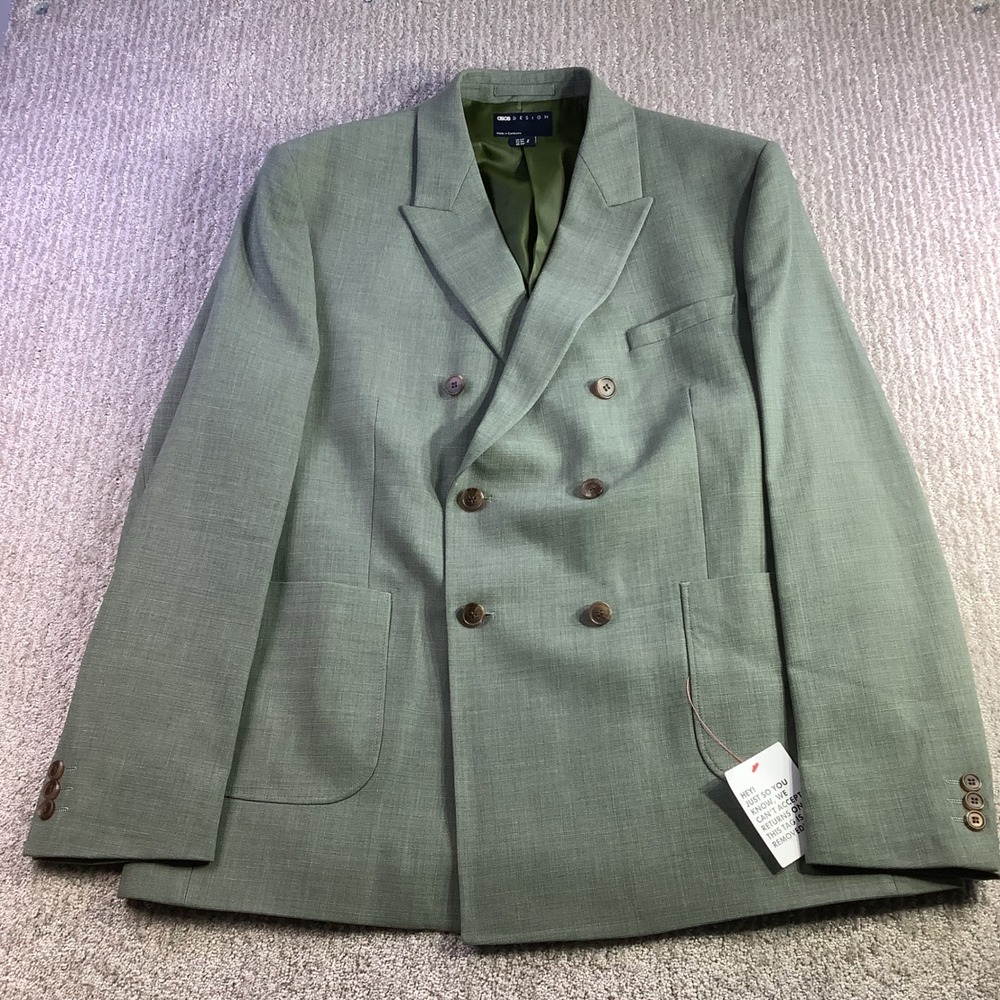 ASOS DESIGN Mens Sage Green Double Breasted Suit Set 44R Jacket 36W Trousers NEW